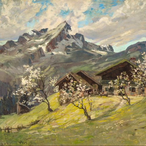 Fränkl, Clemens. Berglandschaft mit Alm. Öl/Lw. 60,5 x 81 cm. Sign.