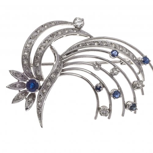 Brosche. Kometenform. Saphir-, Brilliant- und Diamantbesatz. 18 K WG.