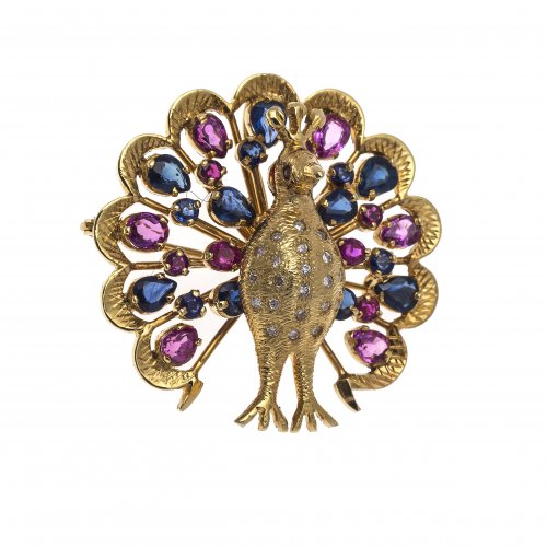 Brosche. Pfauenform. Saphir-, Brillian-, Rubinbesatz. 18 K. GG.