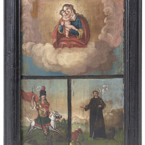 Votivtafel. Bayern, 18./19. Jh. Maria Hilf mit Hl. Leonhard und Hl. Georg. 47 x 32 cm.