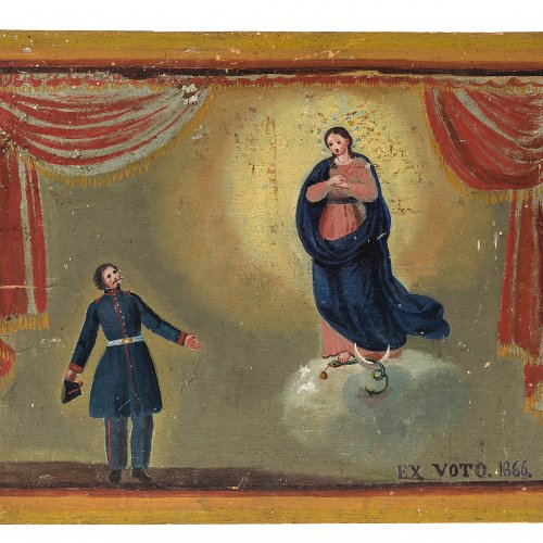 Votivtafel. Bayern, 19. Jh. Muttergottes und Soldat als Votant. 24,7 x 32,5 cm. Dat. 1866.