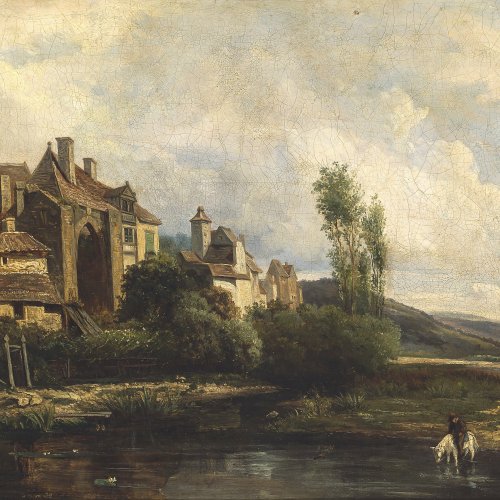 Danvin, Constance. Flusslandschaft mit Schloss. Öl/Lw. 35 x 57 cm. Rest. Sign.