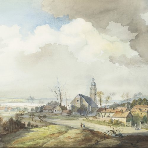 Holst, R. 19. Jh. Landschaft mit Dorf. Aquarell. 49 x 69 cm. Sign., dat. 43.