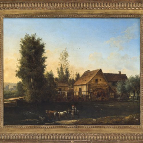 Martin R. St., 18. Jh. Mühle mit Hirten am Wasser. Öl/Holz. 43,5 x 55 cm. Rest. Sign., dat. 1795.