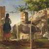Deutsch, 19. Jh. Hirtin in südlicher Landschaft mit Weidevieh. Öl/Karton. 25 x 33 cm. Unsign.