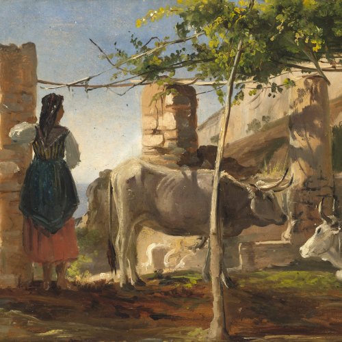 Deutsch, 19. Jh. Hirtin in südlicher Landschaft mit Weidevieh. Öl/Karton. 25 x 33 cm. Unsign.