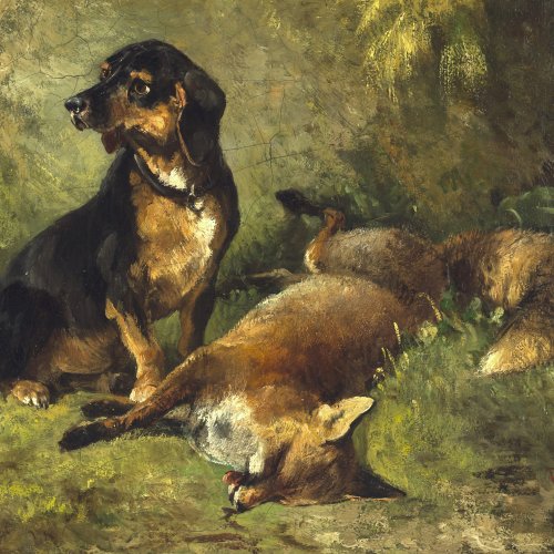 Voltz, Ludwig Gustav. Dachshund mit erlegtem Fuchs. Öl/Lw. 23 x 27 cm. Monogr. Rücks. bez.