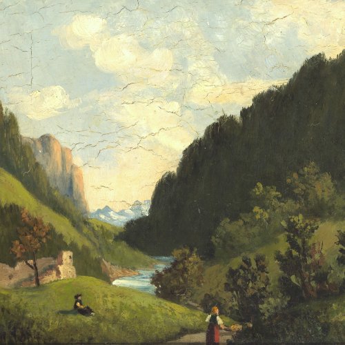 Hofmann, Heinrich. Berglandschaft. Öl/Holz. 15 x 21 cm. Sign., dat. 1884.