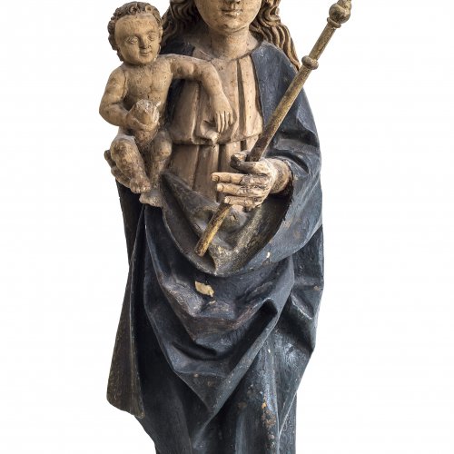 Muttergottes mit Kind. Deutsch, 18. / 19. Jh. Übergangene Farbfassung. Hand erg. Besch., rep. H. 65 cm.