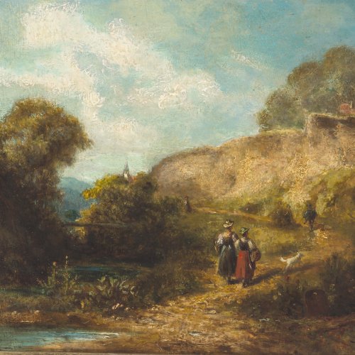 Spitzweg, Carl, Umkreis. Zwei Bauernmädchen auf dem Weg zur Kirche. Öl/Karton. 18 x 24 cm. Rest., unten rechts Restsign. (Rhombus?).