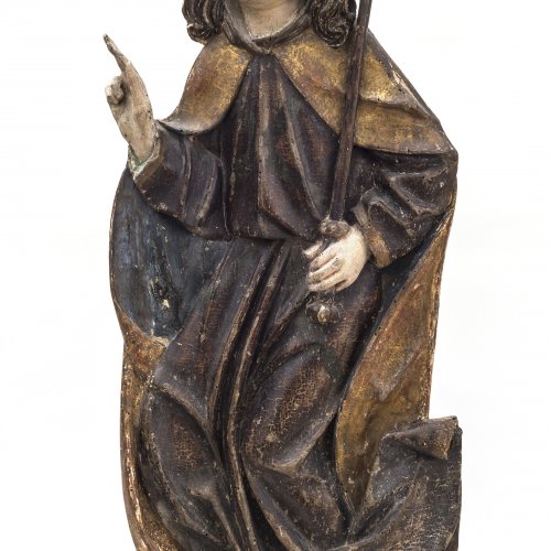 Erzengel Gabriel mit Heroldstab. München, um 1505/1510. Holz, Farbfassung. H. 69,5 cm.