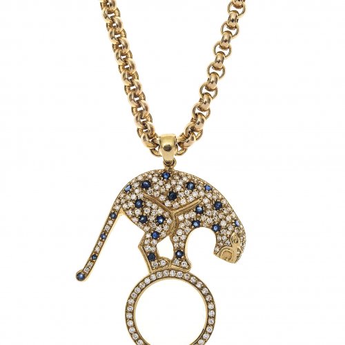 Collier. Erbskette mit Pantheranhänger und Steinbesatz