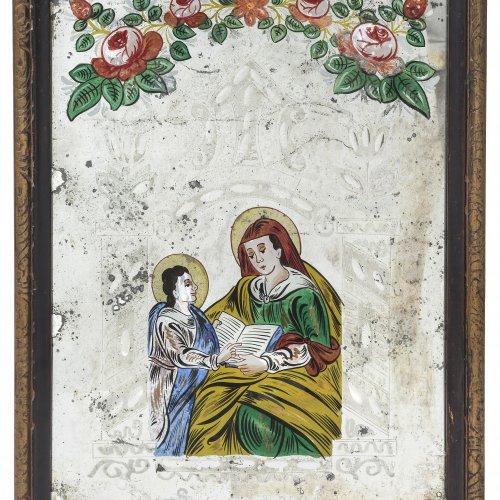 Hinterglasbild. Böhmen, 19. Jh. Mutter Anna lehrt Maria das Lesen. Ausblühungen. 40,5 x 31 cm
