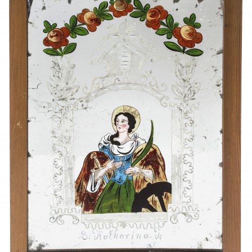 Hinterglasbild. Böhmen, 19. Jh. Hl. Katharina. Ausblühungen. 53 x 42 cm