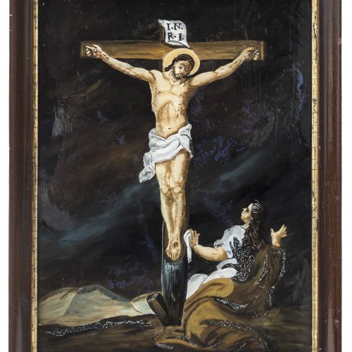 Hinterglasbild. Böhmen, 19. Jh. Hl. Katharina. Ausblühungen. 53 x 42 cm.