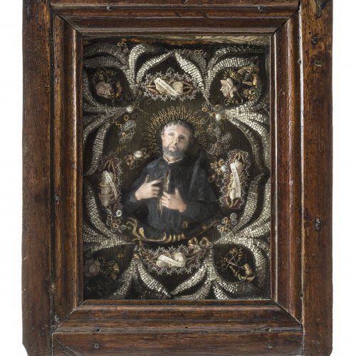 Klosterarbeit. Deutsch 19.Jh.  Hl. Kolomann. 26,5 x 21,5 cm.