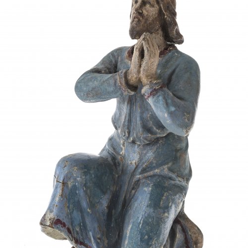Christus in der Andacht( aus der Ölbergszene). Holz, farbig gefasst, beweglich. H. 11,5 cm.