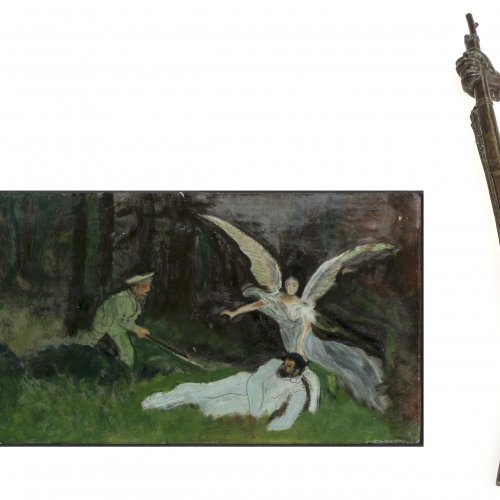 Hinterglasbild. Deutsch, 19. Jh., Engel erscheint einem gefallenen Soldaten. 10 x 20 cm. Dazu ein Gewehr aus Bronze. L. 29 cm.