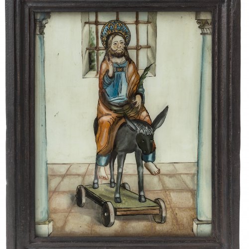 Hinterglasbild. Tirol, 19. Jh. Christus auf dem Palmesel. 28,5 x 23,5 cm.