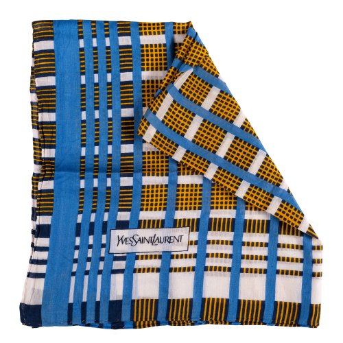 Halstuch. Hersteller: Yves Saint Laurent. Baumwolle. Gitter- und Streifenmuster in Blau, Gelb und Weiß. Rep. 62 x 65 cm.