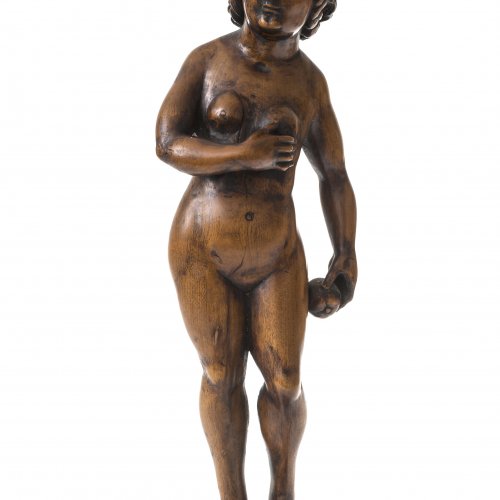 Deutsch, 18./19. Jh. Stehendes nacktes Mädchen im Stil der Gotik. Holz. H. 40 cm.
