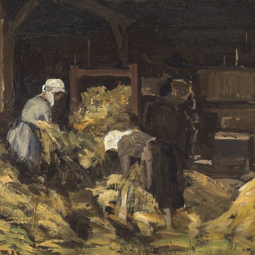 Baer, Fritz. Mägde bei der Arbeit. Öl/Karton. 28 x 37 cm. Sign., dat. 24.