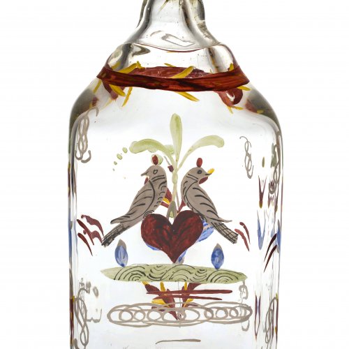 Schnapsflasche. Glas, bemalt, mit Freundschaftsmotiv. Bayern, 19. Jh. H. 15,5 cm.