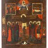 Ikone. Russland, 19. Jh. Christus am Kreuz, von Heiligen umgeben sowie zwei Vitafelder. Tempera/Holz. Besch., rest. 44 x 38 cm.