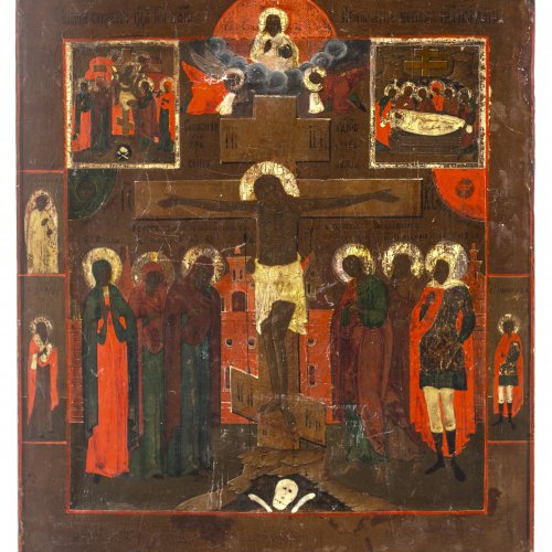 Ikone. Russland, 19. Jh. Christus am Kreuz, von Heiligen umgeben sowie zwei Vitafelder. Tempera/Holz. Besch., rest. 44 x 38 cm.