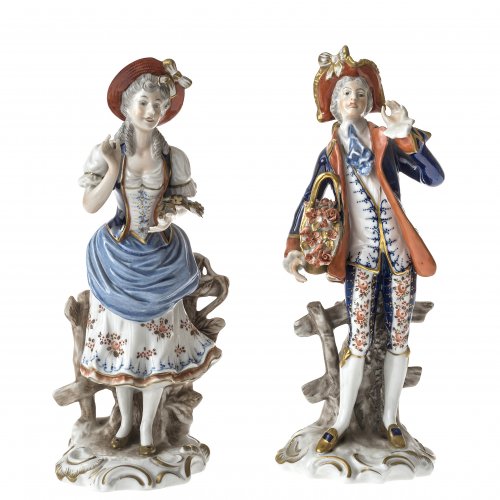 Kavalier und galante Dame. Porzellan, farbig staffiert. Unterweissbach. Best. H. je ca. 22 cm.