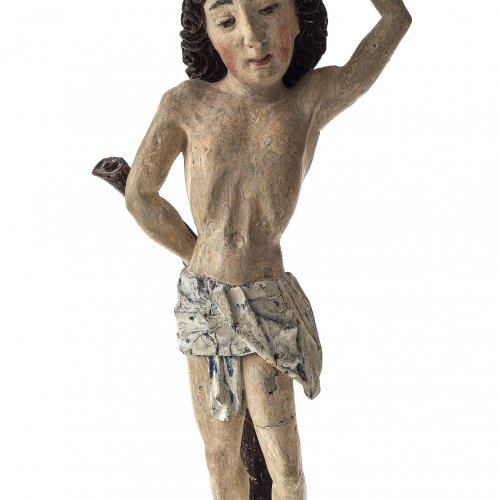 Hl. Sebastian. Süddeutsch, um 1500. Holz, Farbfassung. Alterungsspuren. H. 53 cm.