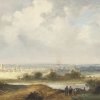 Demmin, Erich. Weite Landschaft mit Stadt im Hintergrund. Öl/Holz. 11 x 24,5 cm. Sign.