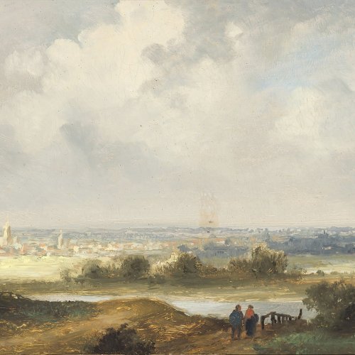 Demmin, Erich. Weite Landschaft mit Stadt im Hintergrund. Öl/Holz. 11 x 24,5 cm. Sign.