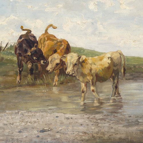 Deutsch, 19./20. Jh. Drei Kälber an der Furth. 45 x 60 cm. Doubl., rest. Unles. sign.