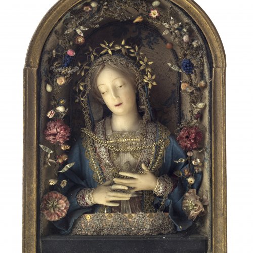 Klosterarbeit. Süddeutsch, 19. Jh. Jungfrau Maria. Wachsarbeit. H. 30,5 cm.