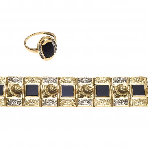 Armband und Ring. 14 K GG mit Onyxbesatz.