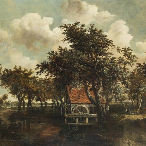 Hobbema, Meindert, zugeschrieben. Mühle im Eichenhain. Öl/Holz. 58 x 80 cm. Besch., rest. Unsign. Erwähnt in der Datenbank des Rijksmuseums in Amsterdam.