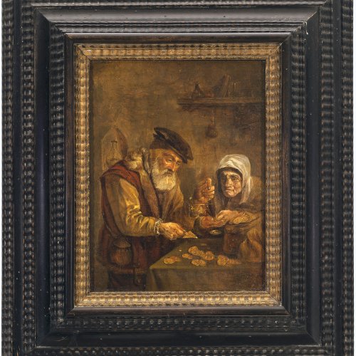 Niederlande, 17. Jh. Der Goldwäger. Öl/Holz. 23,5 x 17,5 cm.Besch., rest. Unsign.