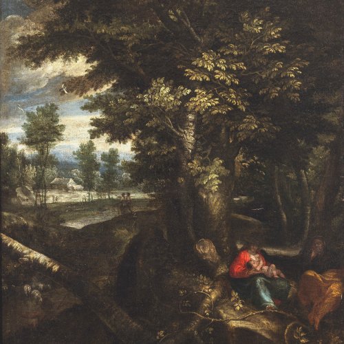 Arthois, Jacques, d´, zugeschrieben. Ruhe auf der Flucht. Unter einer üppig belaubten Eiche. rastende Familie. Öl/Lw. 73,5 x 58 cm. Besch., rest., doubl. Unsign.