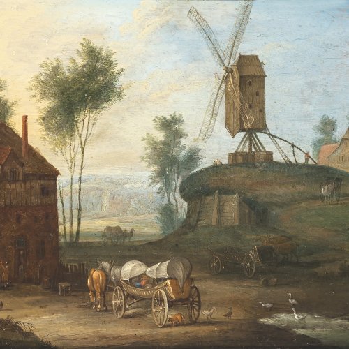 Stalbemt, Adriaen von, zugeschrieben. Ortschaft mit Leiterwagen und Windmühle. Öl/Kupfer. 15 x 20 cm. Unsign.