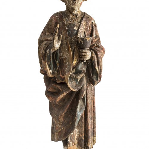 Heiliger. Süddeutsch, 17. Jh. Reste von Farbfassung. H. 87 cm. Beine erg. Besch.