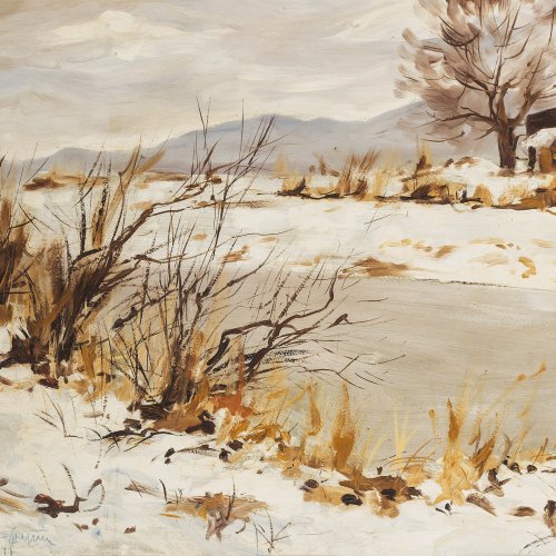 Deutsch, 20. Jh. Stürmischer Wintertag am See. Öl/Karton. Unles. sign., dat. 44.