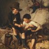 Thiel, Carl. Zwei Buben beim Spiel, beobachtet von einem kleinen Affen. Öl/Lw. 68 x 56 cm. Sign., dat. 1857.
