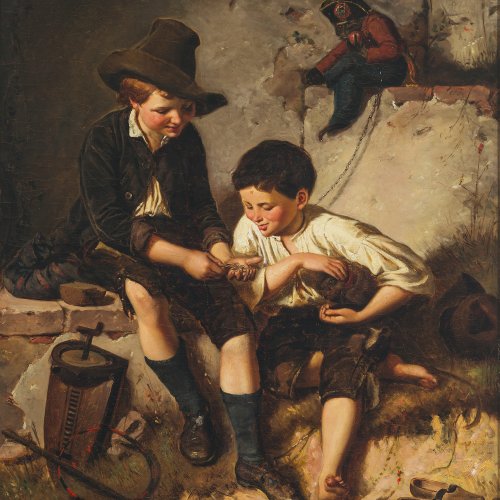 Thiel, Carl. Zwei Buben beim Spiel, beobachtet von einem kleinen Affen. Öl/Lw. 68 x 56 cm. Sign., dat. 1857.