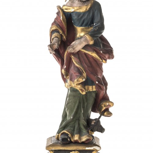Hl. Katharina. Süddeutsch, 18. Jh. Holz, übergangene Farbfassung. H. 38,5 cm. Besch., rep.