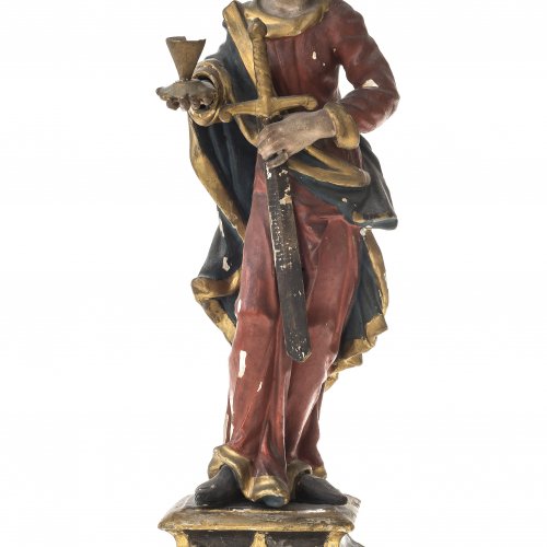 Hl. Barbara. Süddeutsch, 18. Jh. Holz, übergangene Farbfassung. H. 38,5 cm. Besch., rep.