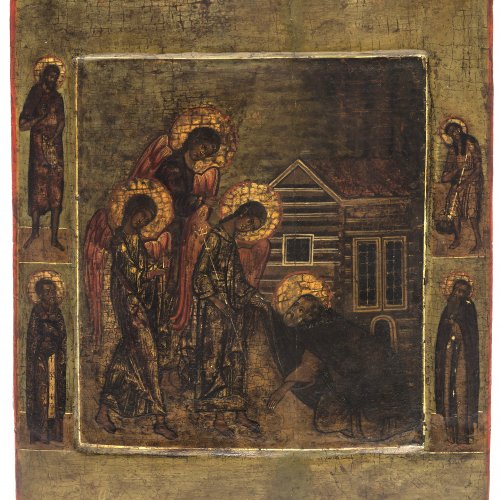 Ikone. Russland, 19. Jh. Szene mit einem Bettler. Tempera/Holz. 32 x 27 cm. Besch., berieben.
