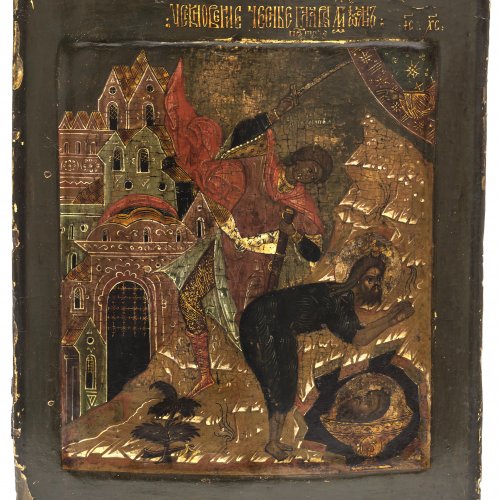Ikone. Russland, 19. Jh. Enthauptung des Johannes. Tempera/Holz. 29,5 x 24 cm. Besch., berieben.