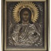 Ikone. Russland, 19./20. Jh. Christus Pantokrator. Mit Silber(?)oklad. Im verglasten Rahmenkasten. 25 x 21 cm.