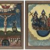 Zwei Votivbilder. Südamerika, 19./20. Jh. Hl. Dreifaltigkeit und Christus am Kreuz. Öl/Metall. Je ca. 34 x 24 cm.